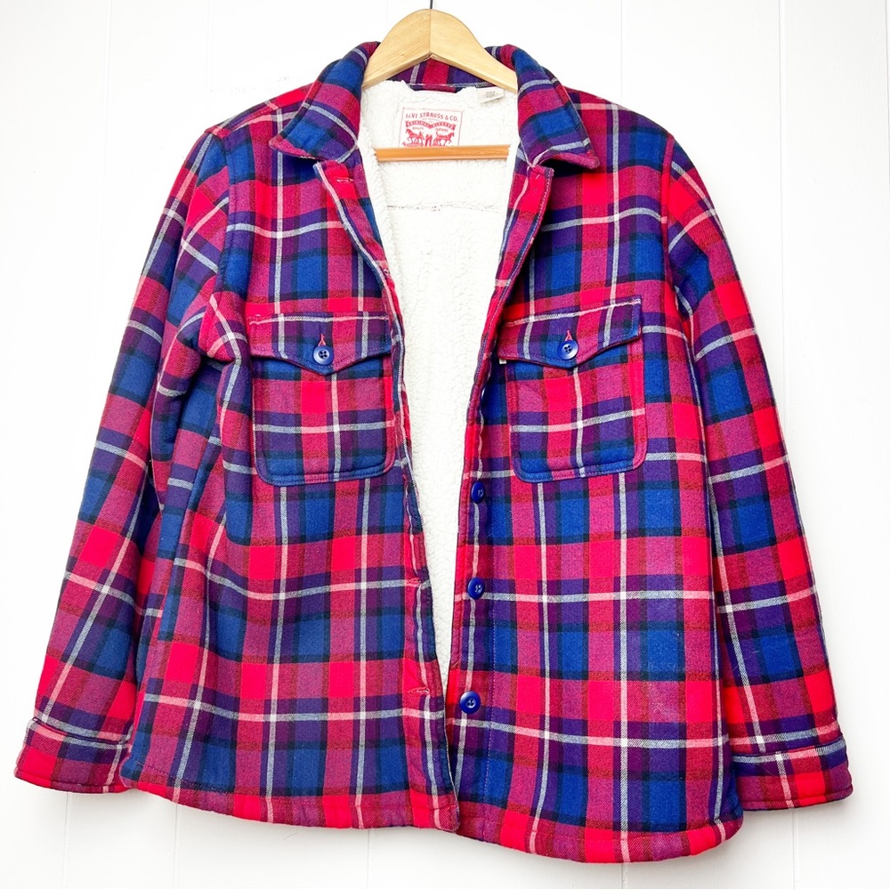 Levi’s Red & Blue Flannel Sherpa Lined Shirt Jacket Women’s Size Medium